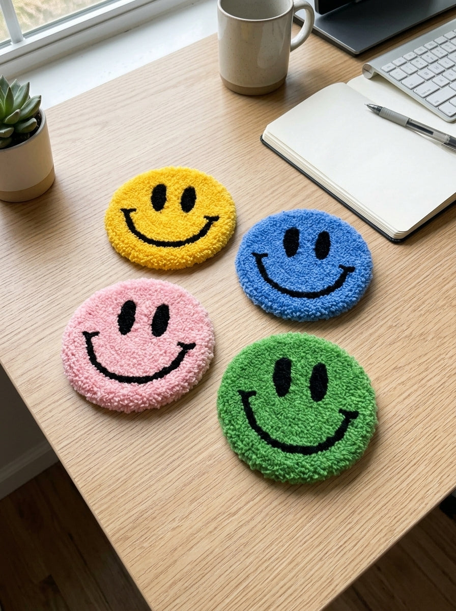 Punch Needle Smiley Face Coaster, 1 Piece Cute Tufted Yarn Drink Mat, Soft Round Happy Face Cup Coaster with Handmade Style Texture, Decorative Mug Coaster for Coffee Cups, Tea Cups, Home and Office Decor, Cute Gift for Craft Lovers