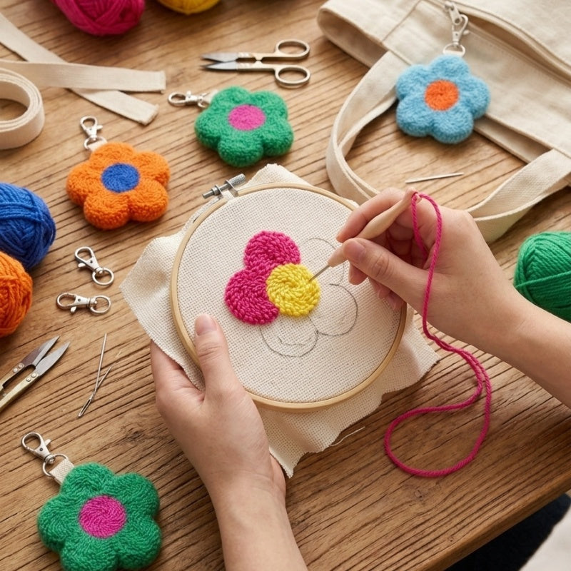 6-piece colorful flower bag pendant, cute poke embroidered flower keychain set, plush flower bag accessories with metal buckle, suitable for ladies, teenagers and girls atmosphere backpack pendant
