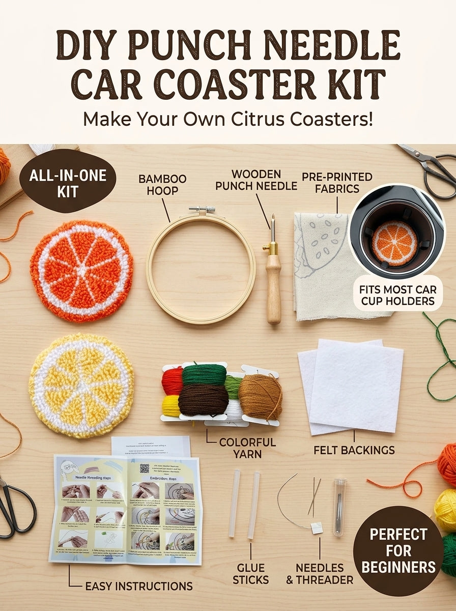 2er-Set DIY-Punch-Needle-Untersetzer für das Auto, süße Obst-Stickerei-Untersetzer für Anfänger, komplettes Bastelset mit Garn, Stickrahmen, Stoff und Werkzeug, handgemachtes Auto-Deko-Geschenk für Jugendliche und Erwachsene