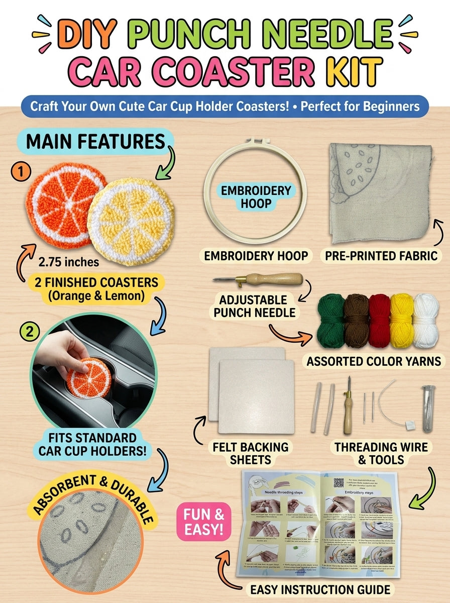 2er-Set DIY-Punch-Needle-Untersetzer für das Auto, süße Obst-Stickerei-Untersetzer für Anfänger, komplettes Bastelset mit Garn, Stickrahmen, Stoff und Werkzeug, handgemachtes Auto-Deko-Geschenk für Jugendliche und Erwachsene