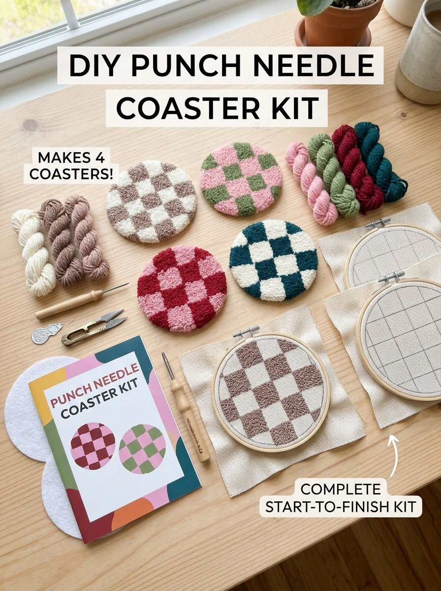Punch Needle Checkerboard Coaster, 1 Piece Cute Tufted Yarn Cup Mat, Soft Round Checkered Drink Coaster with Handmade Style Texture, Decorative Mug Coaster for Coffee Cups, Tea Cups, Home and Office Decor, Gift for Craft Lovers