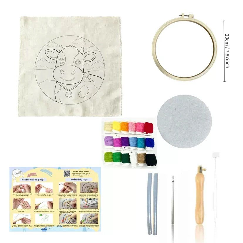 DIY Punch Needle Cow Hoop Art Kit | Beginner Punch Needle Embroidery Craft Set | All-Inclusive | Finished Piece Ready to Hang