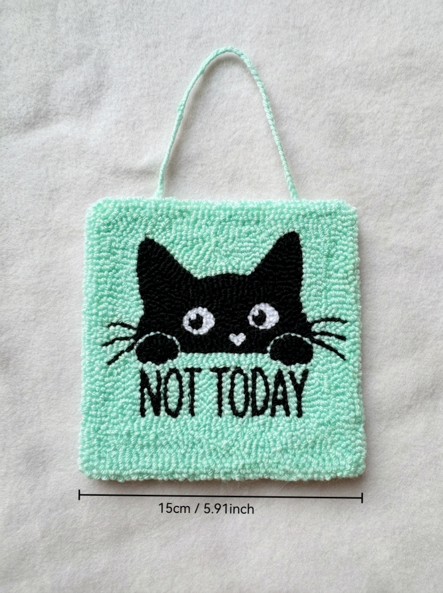 Niedlicher schwarzer Katzen-Punch-Needle-Wandbehang, handgefertigter Stick-Wandteppich mit Kawaii-Katzen-Design, weiche Garn-Faser-Kunst-Deko für Schlafzimmer, Wohnzimmer, Büro und Geschenk für Katzenliebhaber