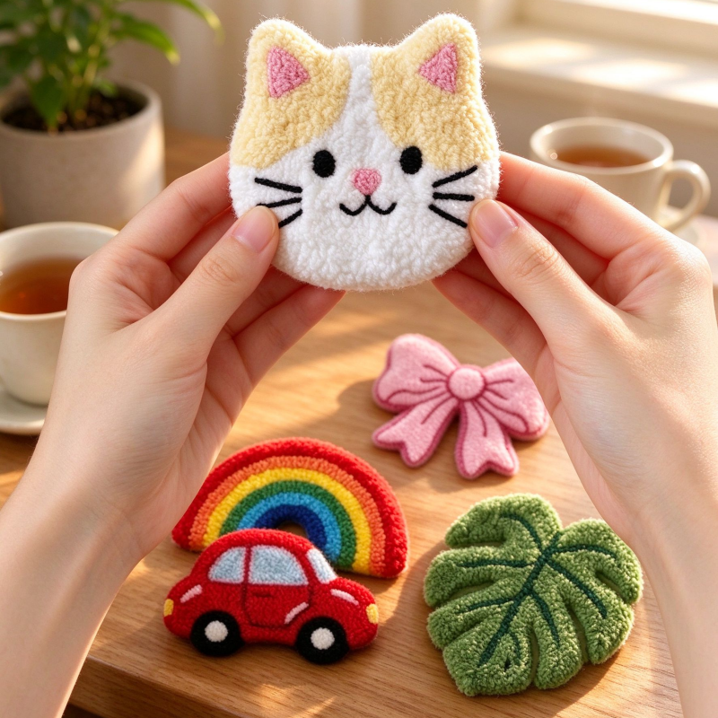Punch Needle Refrigerator Magnets, Cute Handmade Style Car Bow Rainbow Cat and Monstera Leaf Magnetic Decorations, Colorful Tufted Yarn Fridge Magnets for Kitchen Home Decor, Cute Gifts for Craft Lovers