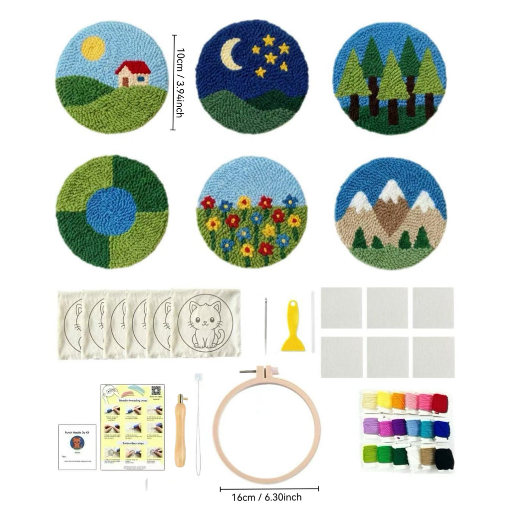 DIY Punch-Needle-Set: Untersetzer mit Landschaftsmotiv | Punch-Needle-Stickset für Anfänger | Set für 6 Untersetzer | Alles-inklusive-Paket