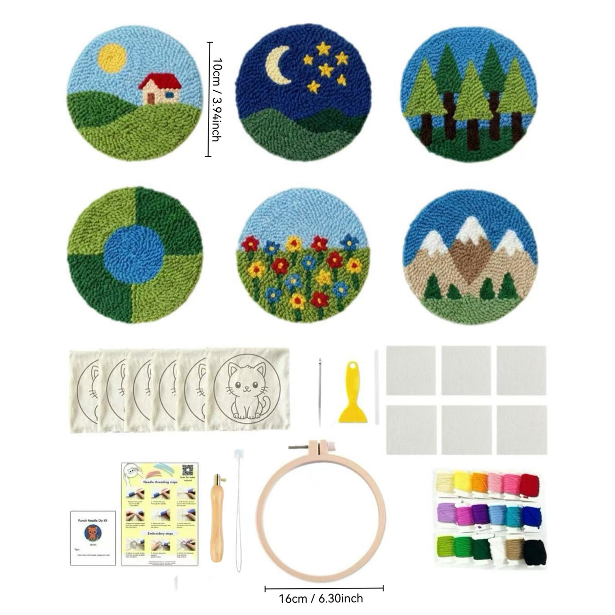 DIY Punch-Needle-Set: Untersetzer mit Landschaftsmotiv | Punch-Needle-Stickset für Anfänger | Set für 6 Untersetzer | Alles-inklusive-Paket