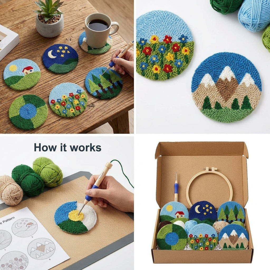 DIY Punch-Needle-Set: Untersetzer mit Landschaftsmotiv | Punch-Needle-Stickset für Anfänger | Set für 6 Untersetzer | Alles-inklusive-Paket
