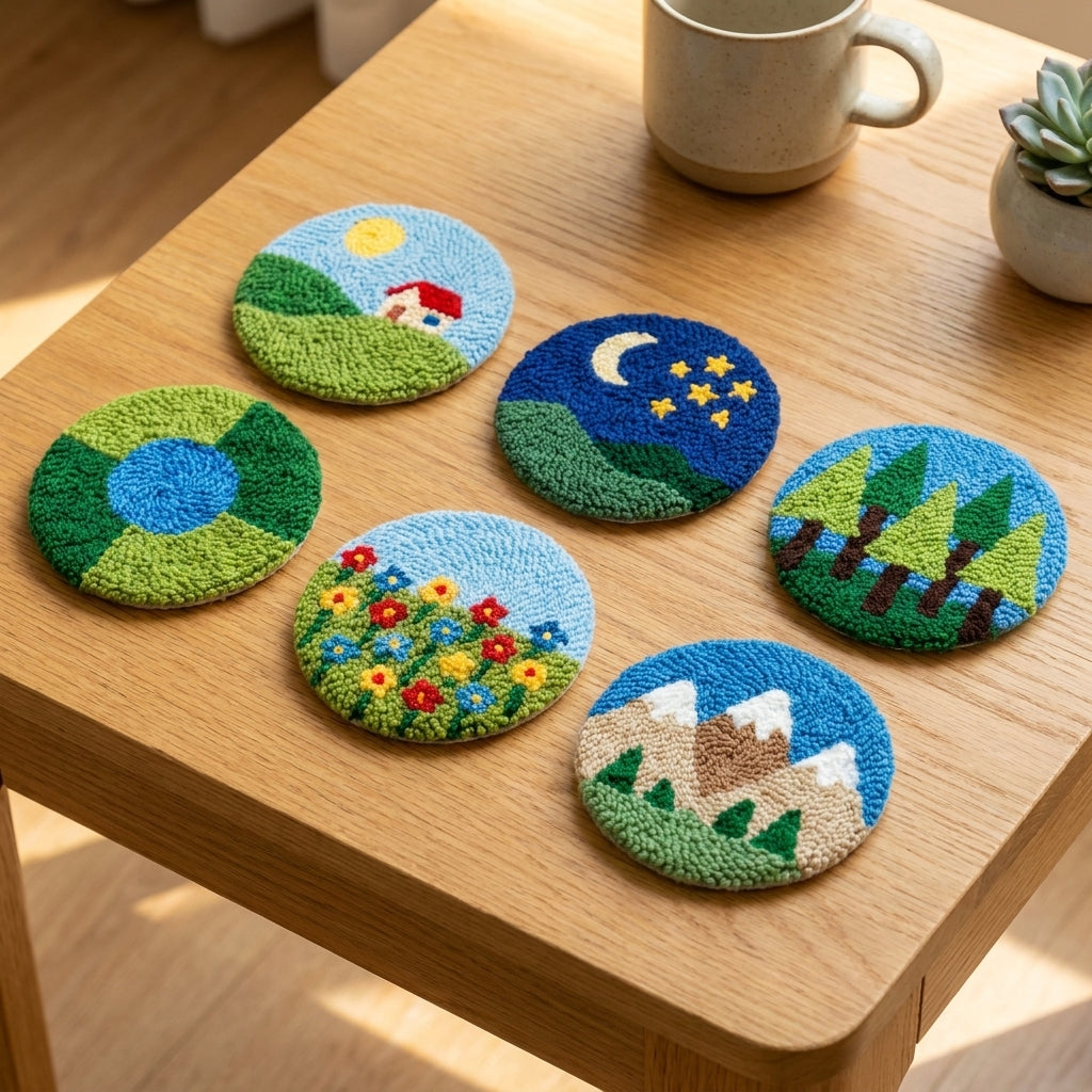 DIY Punch-Needle-Set: Untersetzer mit Landschaftsmotiv | Punch-Needle-Stickset für Anfänger | Set für 6 Untersetzer | Alles-inklusive-Paket