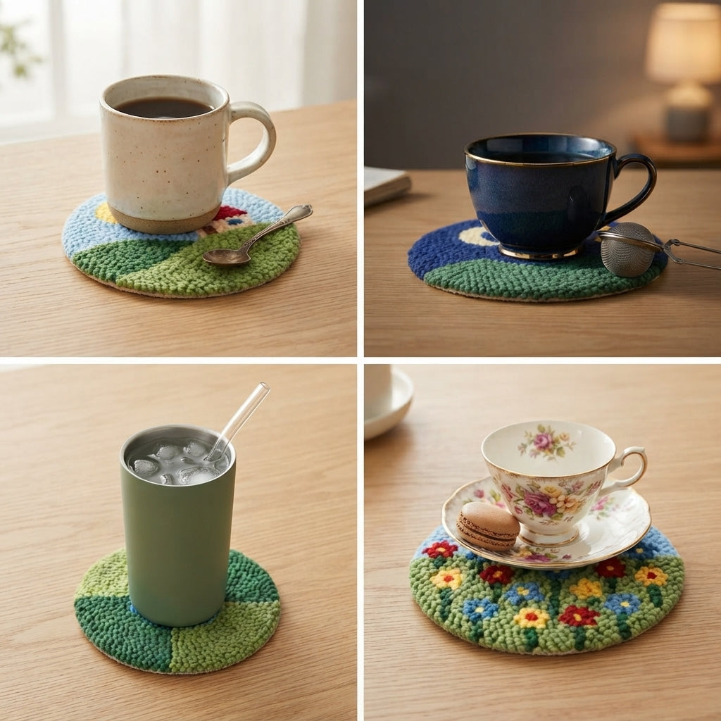 DIY Punch-Needle-Set: Untersetzer mit Landschaftsmotiv | Punch-Needle-Stickset für Anfänger | Set für 6 Untersetzer | Alles-inklusive-Paket