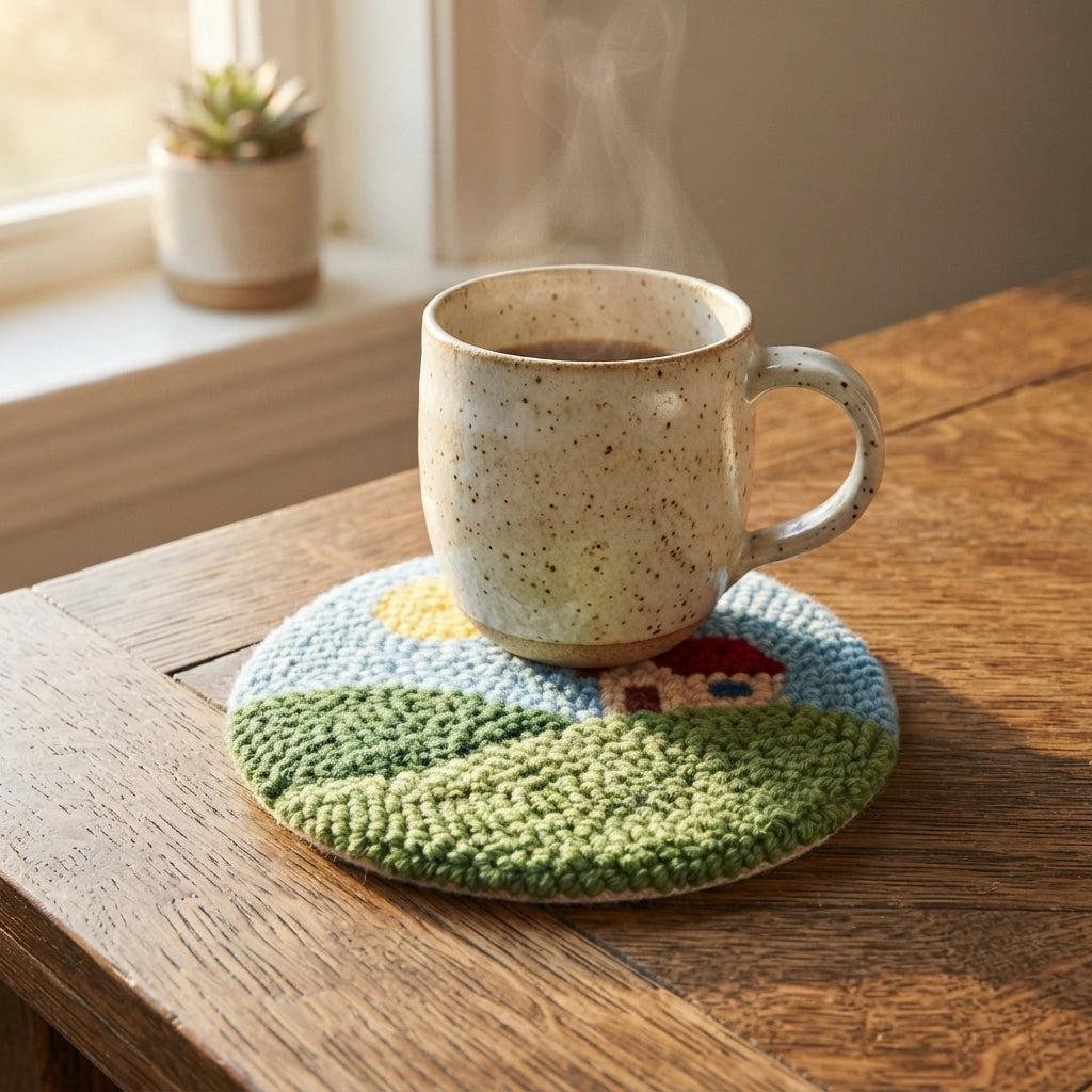 DIY Punch-Needle-Set: Untersetzer mit Landschaftsmotiv | Punch-Needle-Stickset für Anfänger | Set für 6 Untersetzer | Alles-inklusive-Paket