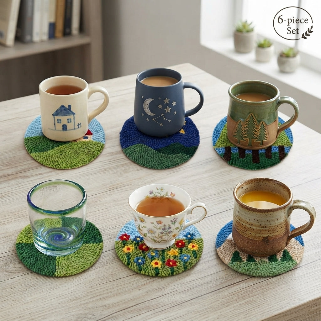 DIY Punch-Needle-Set: Untersetzer mit Landschaftsmotiv | Punch-Needle-Stickset für Anfänger | Set für 6 Untersetzer | Alles-inklusive-Paket