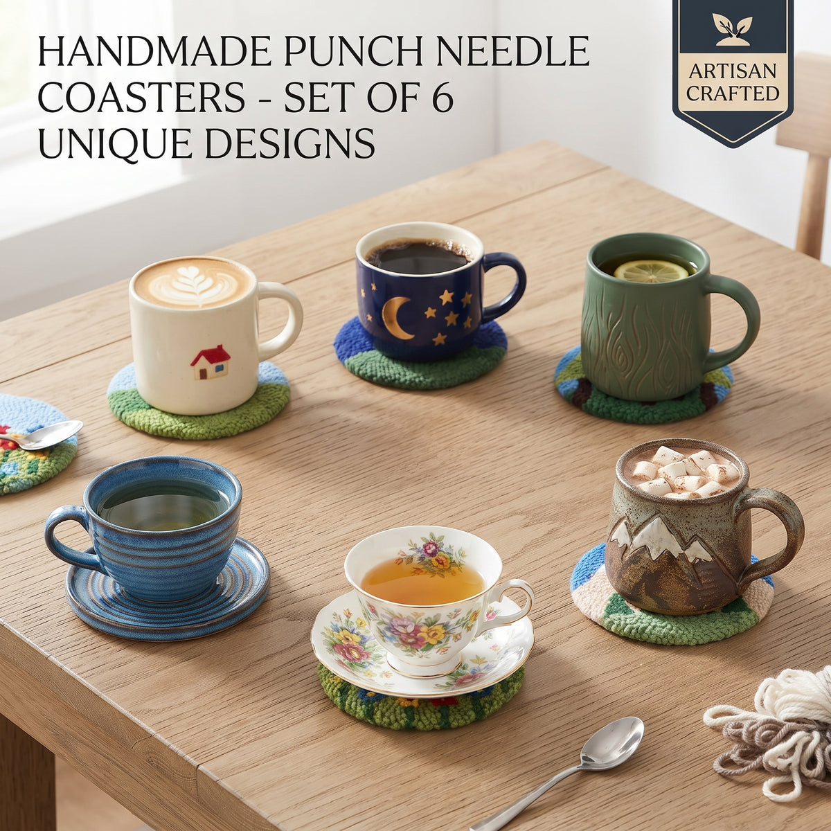 DIY Punch-Needle-Set: Untersetzer mit Landschaftsmotiv | Punch-Needle-Stickset für Anfänger | Set für 6 Untersetzer | Alles-inklusive-Paket