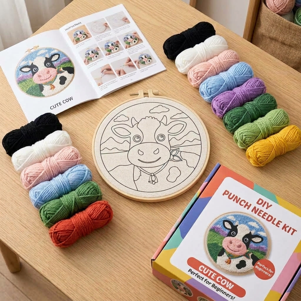 DIY Punch-Needle-Stickrahmen-Set „Kuh“ | Punch-Needle-Stickset für Anfänger | Komplettset | Fertiges Motiv direkt zum Aufhängen