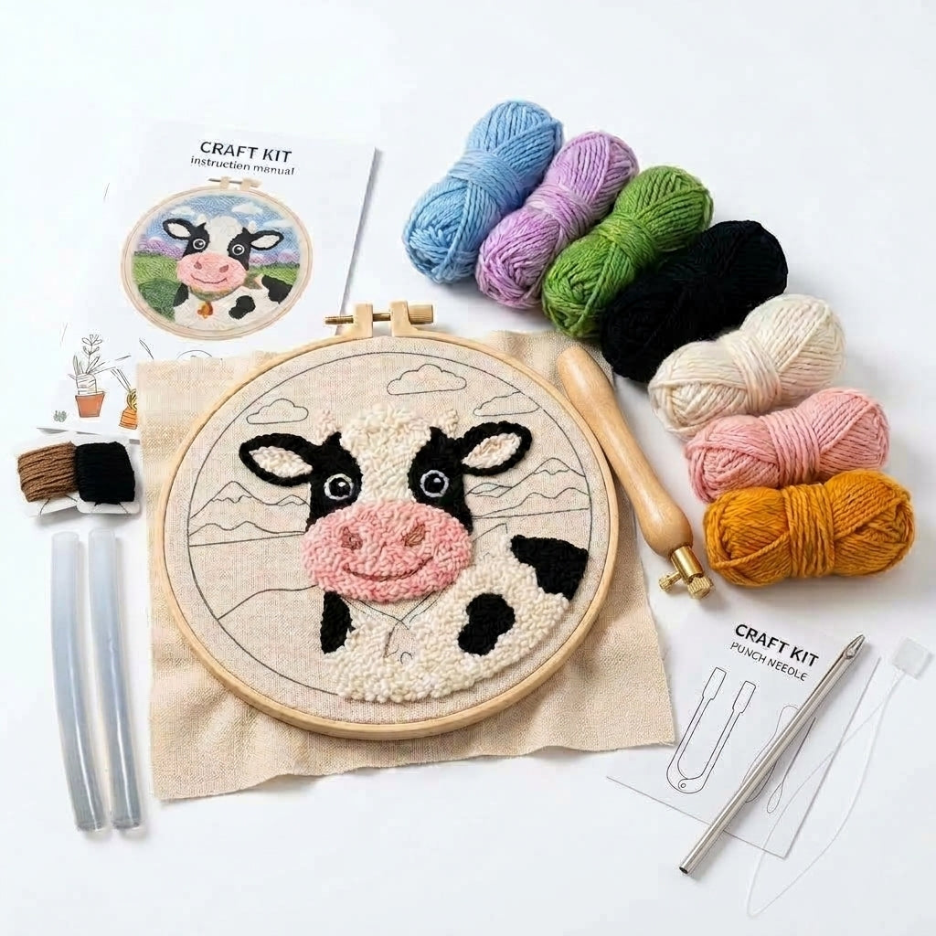 DIY Punch Needle Cow Hoop Art Kit | Beginner Punch Needle Embroidery Craft Set | All-Inclusive | Finished Piece Ready to Hang