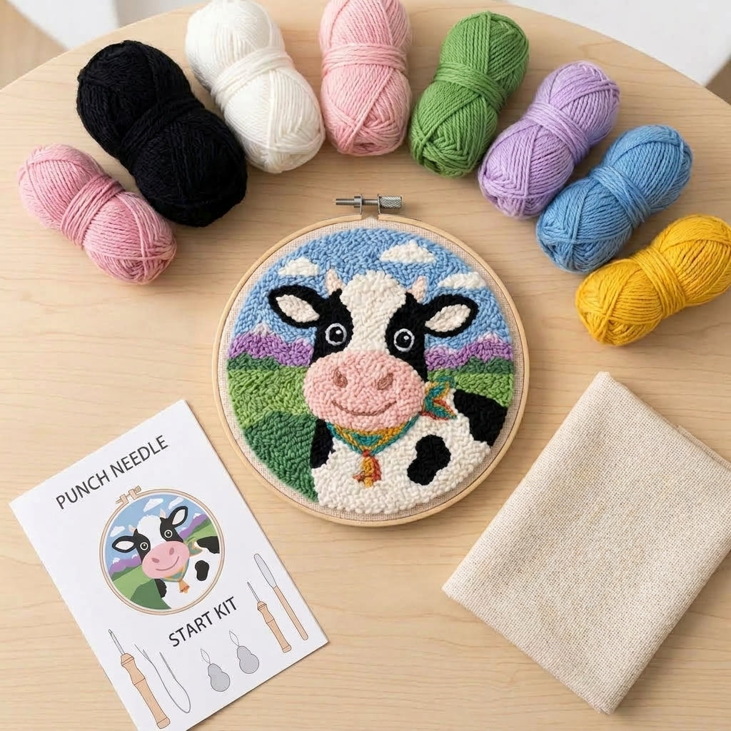 DIY Punch-Needle-Stickrahmen-Set „Kuh“ | Punch-Needle-Stickset für Anfänger | Komplettset | Fertiges Motiv direkt zum Aufhängen