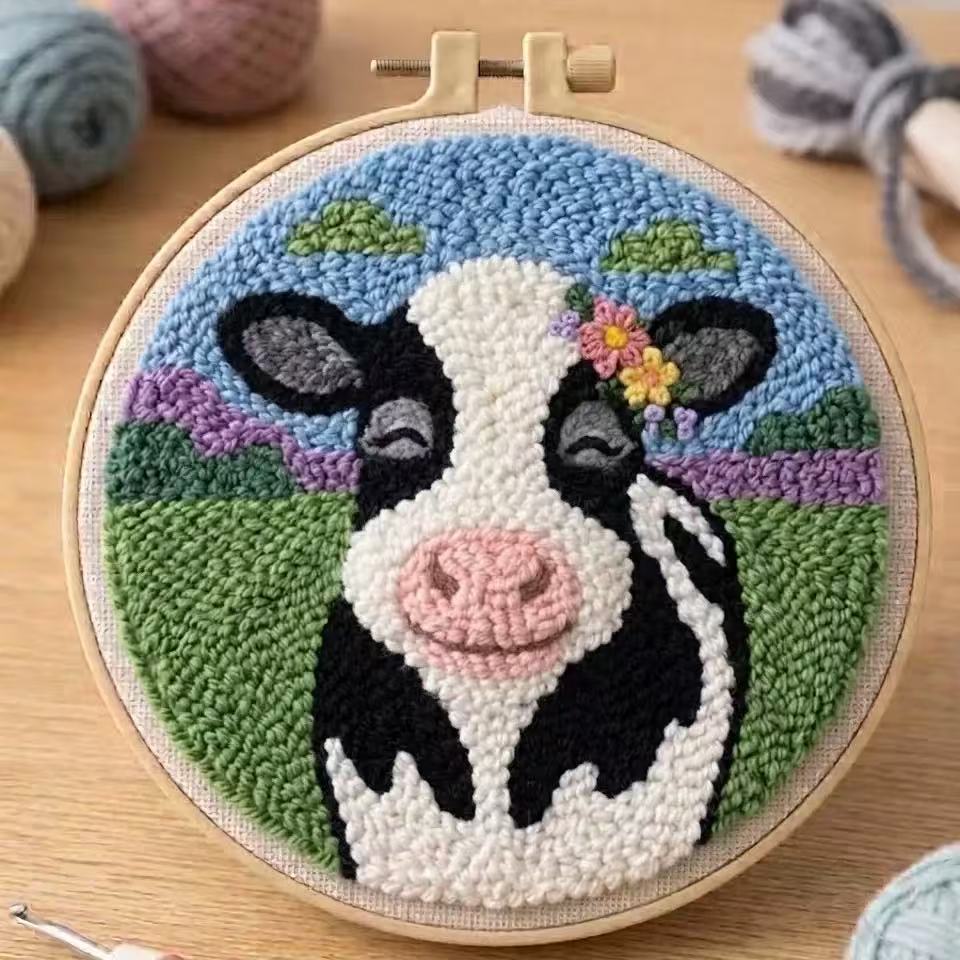 DIY Punch Needle Cow Hoop Art Kit | Beginner Punch Needle Embroidery Craft Set | All-Inclusive | Finished Piece Ready to Hang
