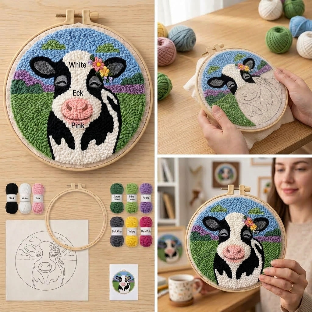 DIY Punch-Needle-Stickrahmen-Set „Kuh“ | Punch-Needle-Stickset für Anfänger | Komplettset | Fertiges Motiv direkt zum Aufhängen