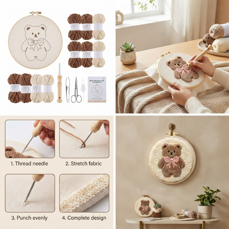 DIY Punch-Needle-Bären-Stickset im Rahmen | Punch-Needle-Stickset für Anfänger | Komplettset | Fertiges Stück direkt zum Aufhängen