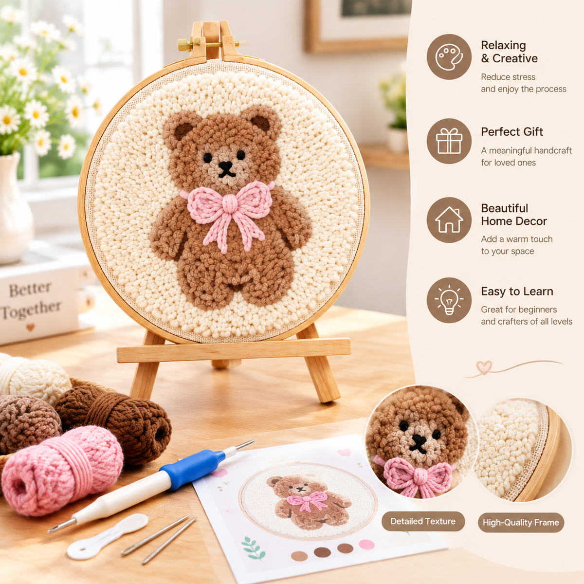 DIY Punch Needle Bear Hoop Art Kit | Beginner Punch Needle Embroidery Craft Set | All-Inclusive | Finished Piece Ready to Hang