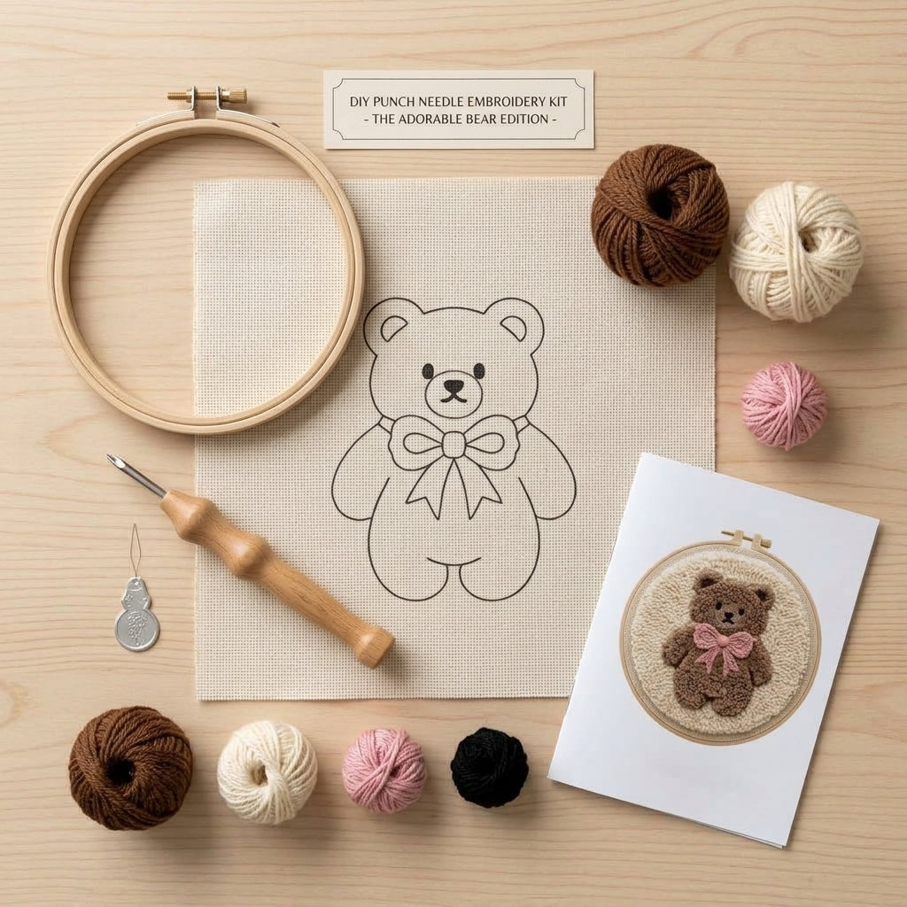 DIY Punch Needle Bear Hoop Art Kit | Beginner Punch Needle Embroidery Craft Set | All-Inclusive | Finished Piece Ready to Hang