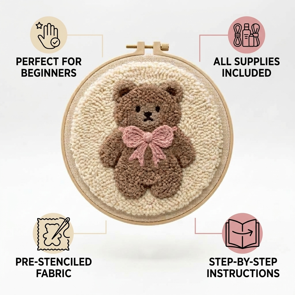DIY Punch Needle Bear Hoop Art Kit | Beginner Punch Needle Embroidery Craft Set | All-Inclusive | Finished Piece Ready to Hang