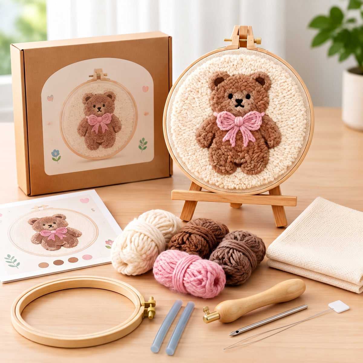 DIY Punch Needle Bear Hoop Art Kit | Beginner Punch Needle Embroidery Craft Set | All-Inclusive | Finished Piece Ready to Hang