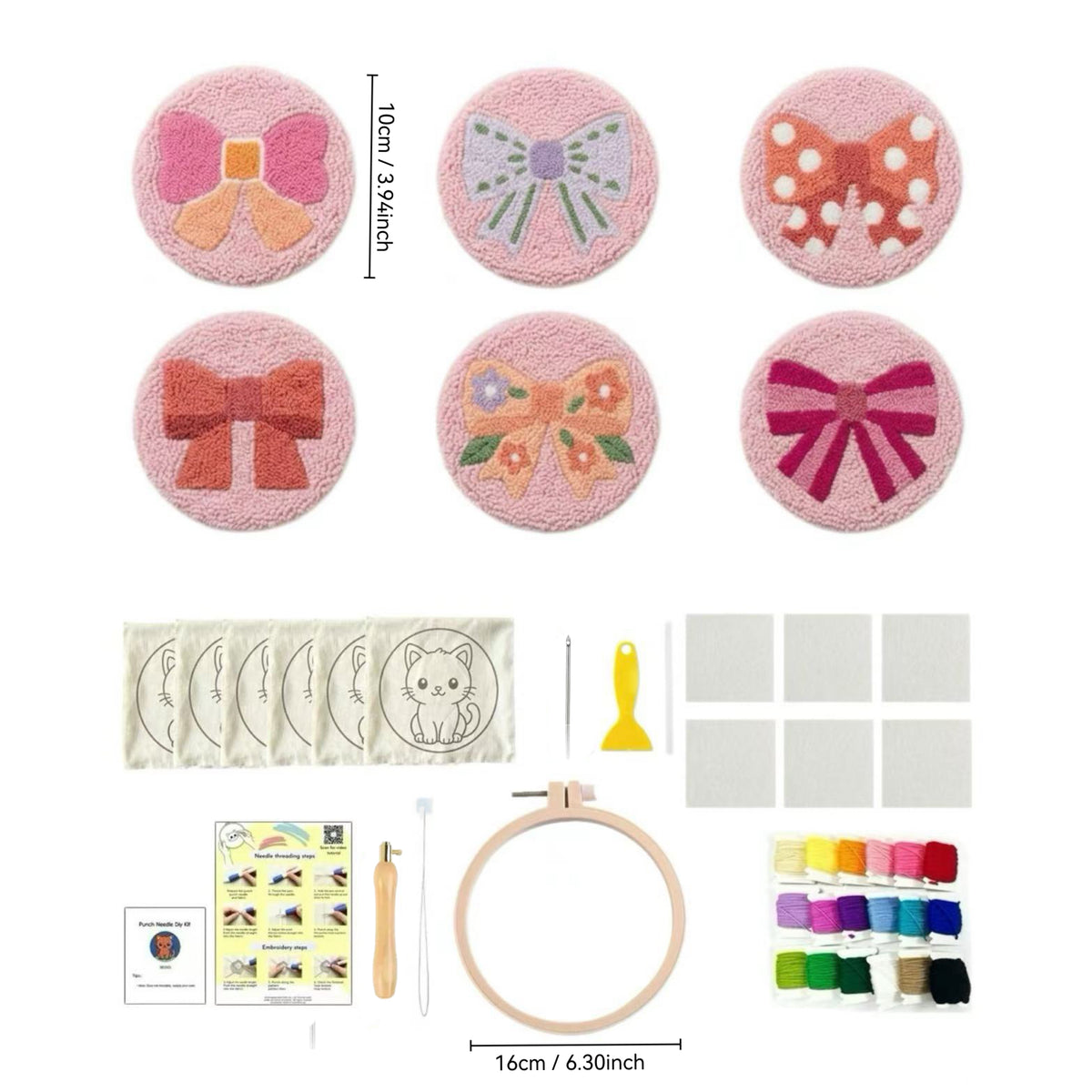 DIY Punch-Needle-Untersetzer-Set „Schleife“ | Punch-Needle-Stickset für Anfänger | Für 6 Untersetzer | Alles-inklusive-Set