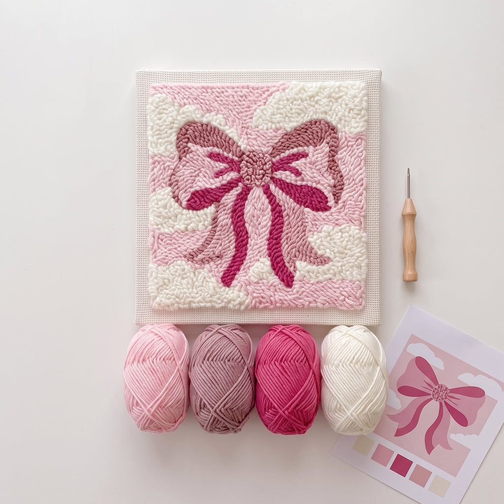 DIY-Punch-Needle-Wandkunst-Set mit Schleifenmotiv | Punch-Needle-Stickset mit quadratischem Rahmen für Anfänger | Komplettset | Fertiges Stück direkt zum Aufhängen