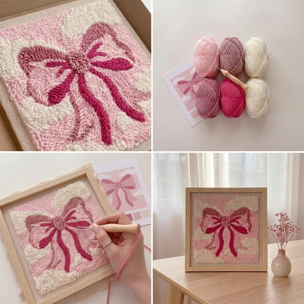 DIY Punch Needle Bow Wall Art Kit | Beginner Punch Needle Embroidery Square Frame Set | All-Inclusive | Finished Piece Ready to Hang