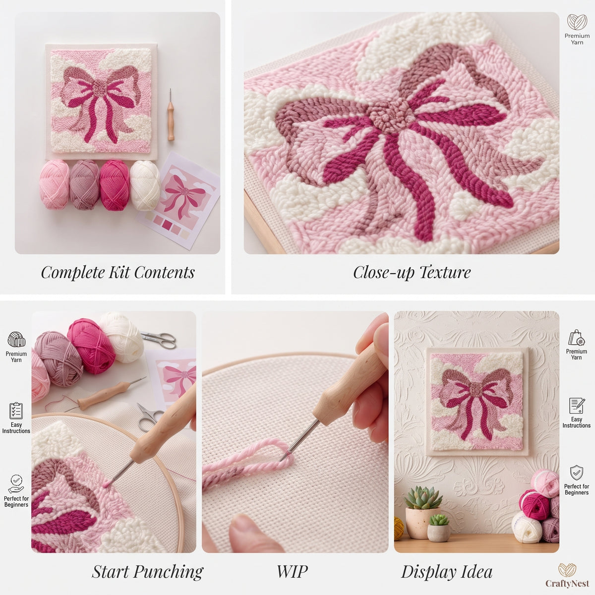 DIY Punch Needle Bow Wall Art Kit | Beginner Punch Needle Embroidery Square Frame Set | All-Inclusive | Finished Piece Ready to Hang