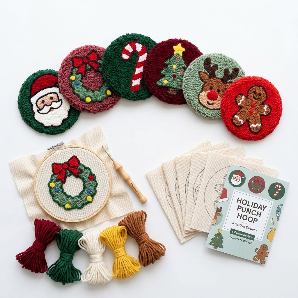 DIY Punch-Needle-Set, Untersetzer-Set mit buntem Weihnachtsmuster, Stickset für Anfänger, Bastelbedarf, Nähzubehör, Weihnachtsgeschenk, 6 Stück nach Fertigstellung