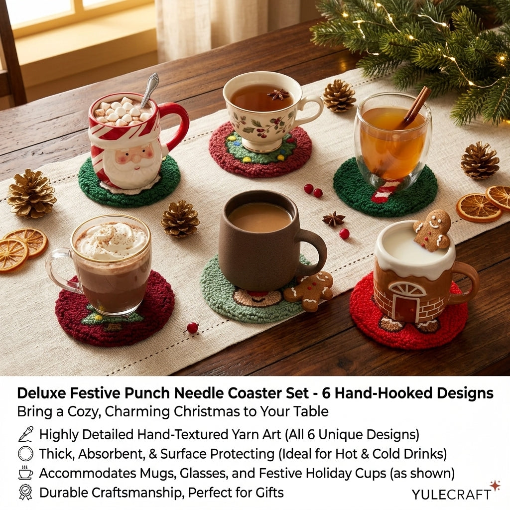 DIY Punch-Needle-Set, Untersetzer-Set mit buntem Weihnachtsmuster, Stickset für Anfänger, Bastelbedarf, Nähzubehör, Weihnachtsgeschenk, 6 Stück nach Fertigstellung