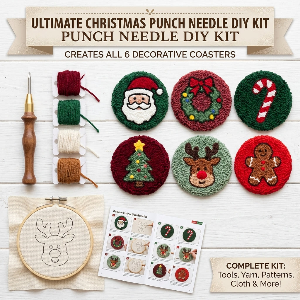DIY Punch-Needle-Set, Untersetzer-Set mit buntem Weihnachtsmuster, Stickset für Anfänger, Bastelbedarf, Nähzubehör, Weihnachtsgeschenk, 6 Stück nach Fertigstellung