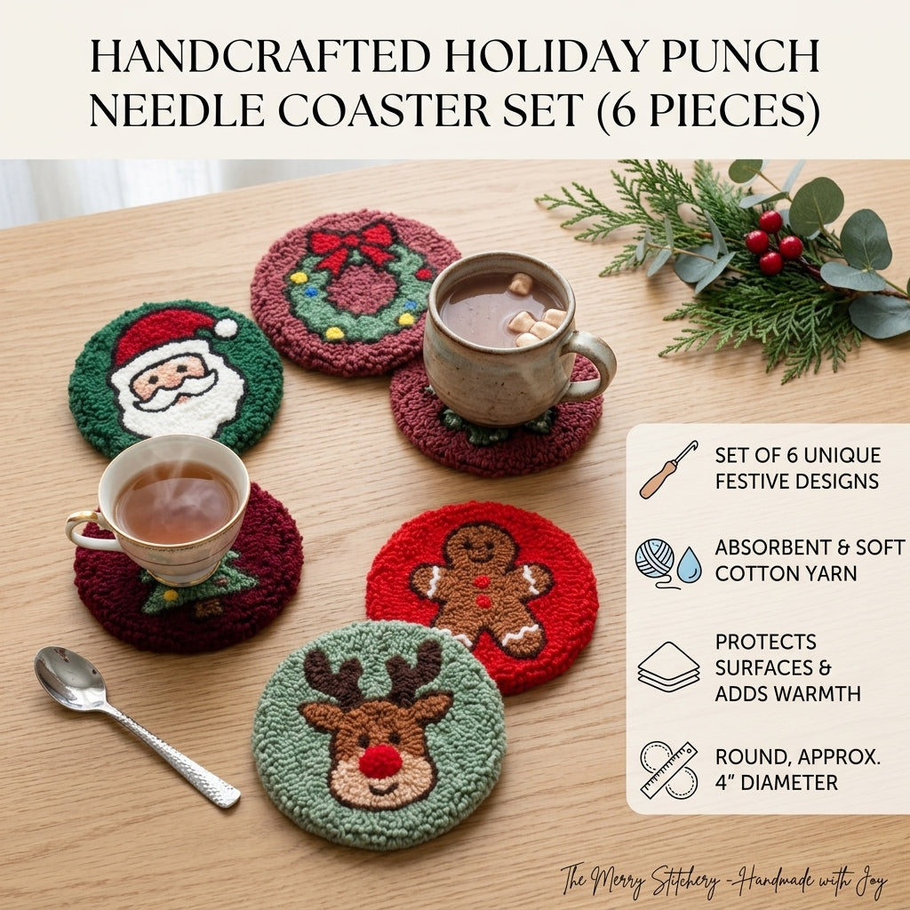 DIY Punch-Needle-Set, Untersetzer-Set mit buntem Weihnachtsmuster, Stickset für Anfänger, Bastelbedarf, Nähzubehör, Weihnachtsgeschenk, 6 Stück nach Fertigstellung