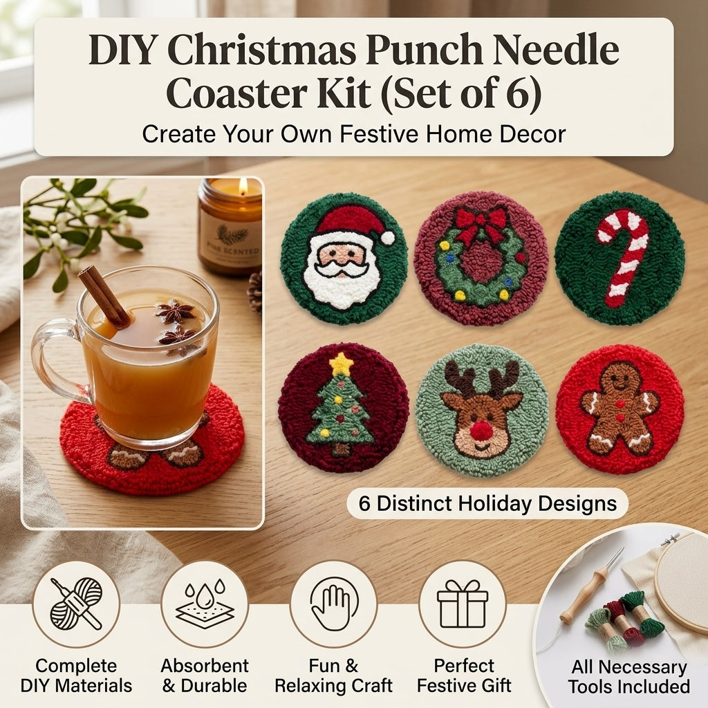 DIY Punch-Needle-Set, Untersetzer-Set mit buntem Weihnachtsmuster, Stickset für Anfänger, Bastelbedarf, Nähzubehör, Weihnachtsgeschenk, 6 Stück nach Fertigstellung