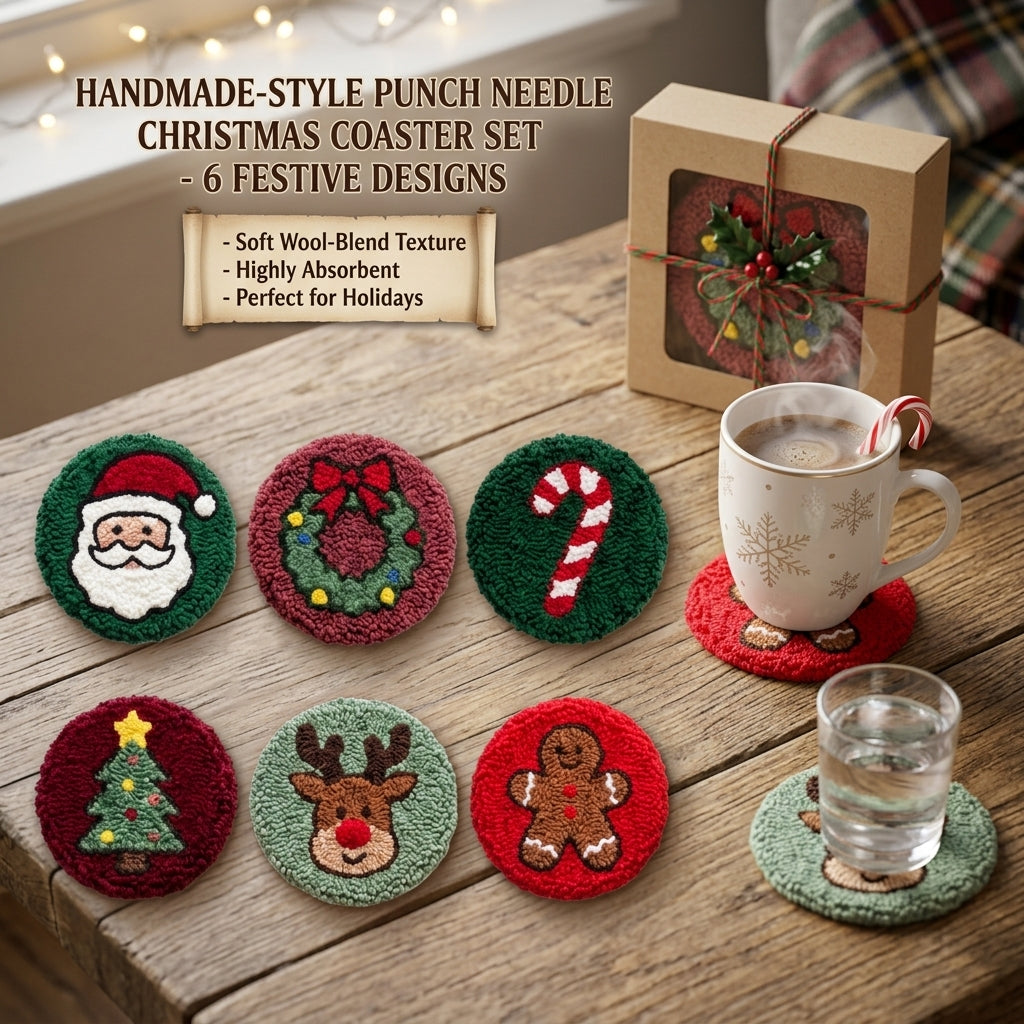DIY Punch-Needle-Set, Untersetzer-Set mit buntem Weihnachtsmuster, Stickset für Anfänger, Bastelbedarf, Nähzubehör, Weihnachtsgeschenk, 6 Stück nach Fertigstellung