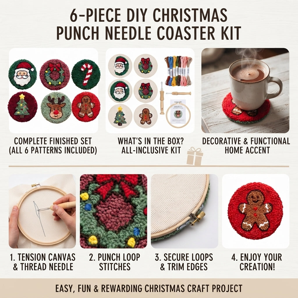 DIY Punch-Needle-Set, Untersetzer-Set mit buntem Weihnachtsmuster, Stickset für Anfänger, Bastelbedarf, Nähzubehör, Weihnachtsgeschenk, 6 Stück nach Fertigstellung