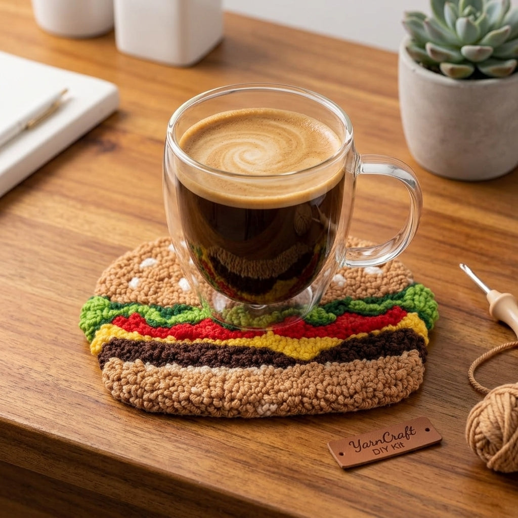 Kit de sous-verre hamburger en punch needle à faire soi-même | Ensemble d'artisanat de broderie punch needle pour débutants | Tout inclus, aucun outil supplémentaire nécessaire