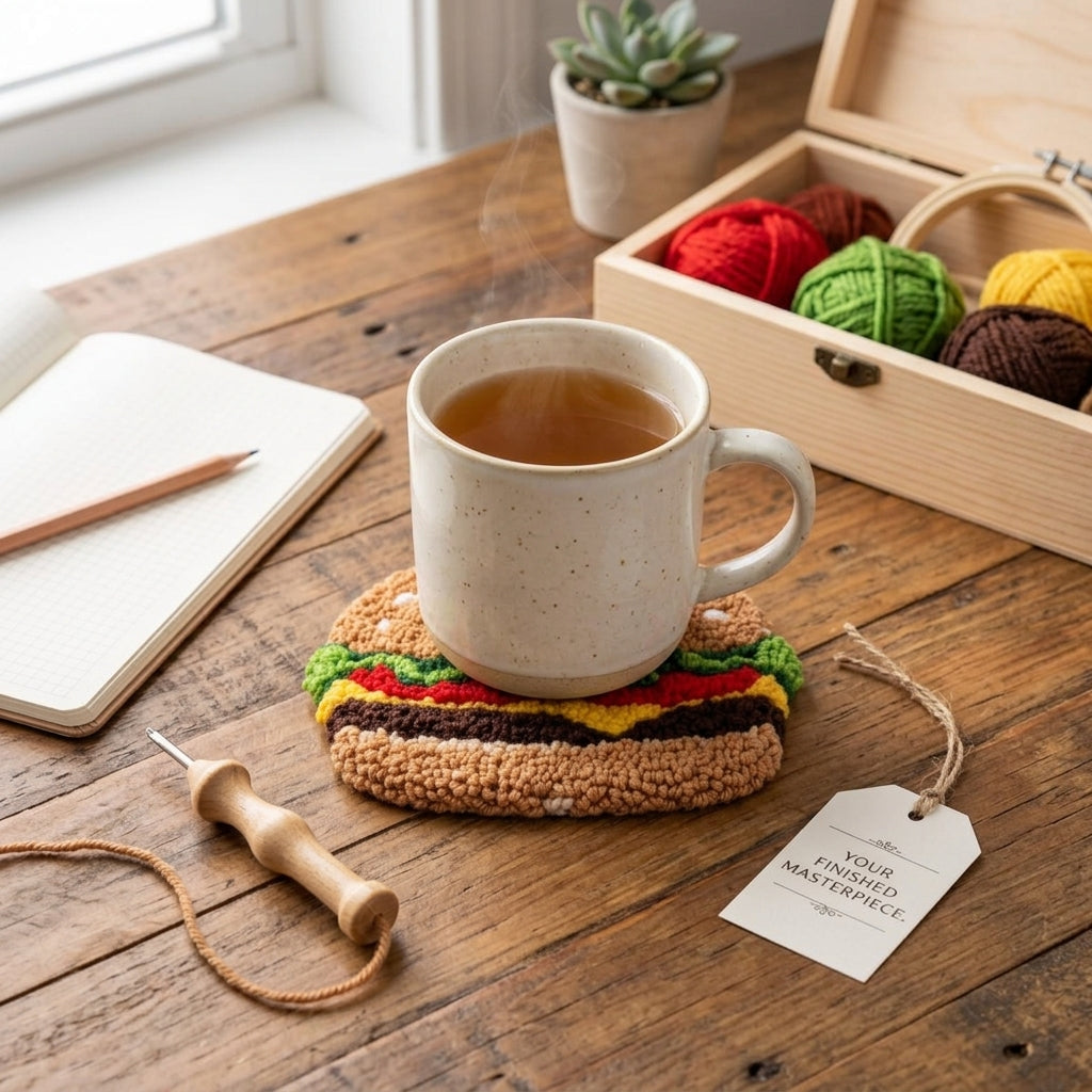 Kit de sous-verre hamburger en punch needle à faire soi-même | Ensemble d'artisanat de broderie punch needle pour débutants | Tout inclus, aucun outil supplémentaire nécessaire