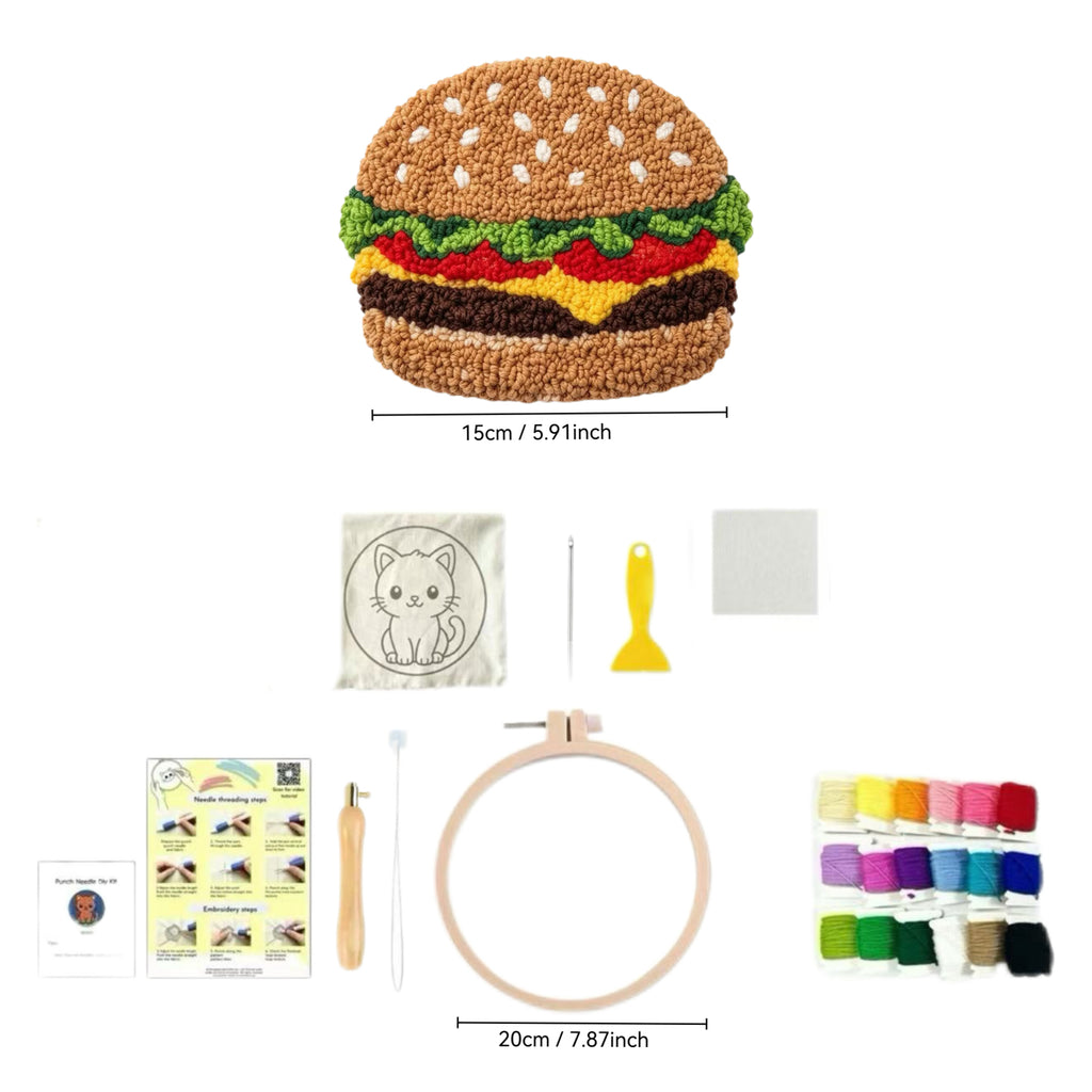 Kit de sous-verre hamburger en punch needle à faire soi-même | Ensemble d'artisanat de broderie punch needle pour débutants | Tout inclus, aucun outil supplémentaire nécessaire