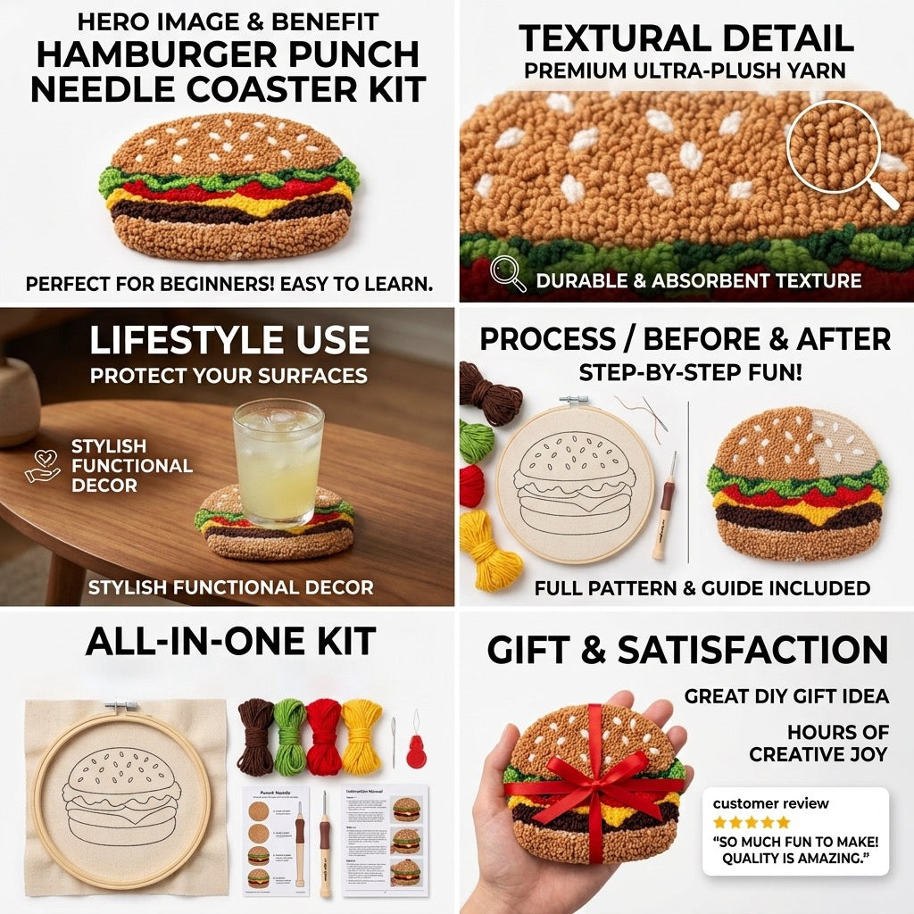 Kit de sous-verre hamburger en punch needle à faire soi-même | Ensemble d'artisanat de broderie punch needle pour débutants | Tout inclus, aucun outil supplémentaire nécessaire