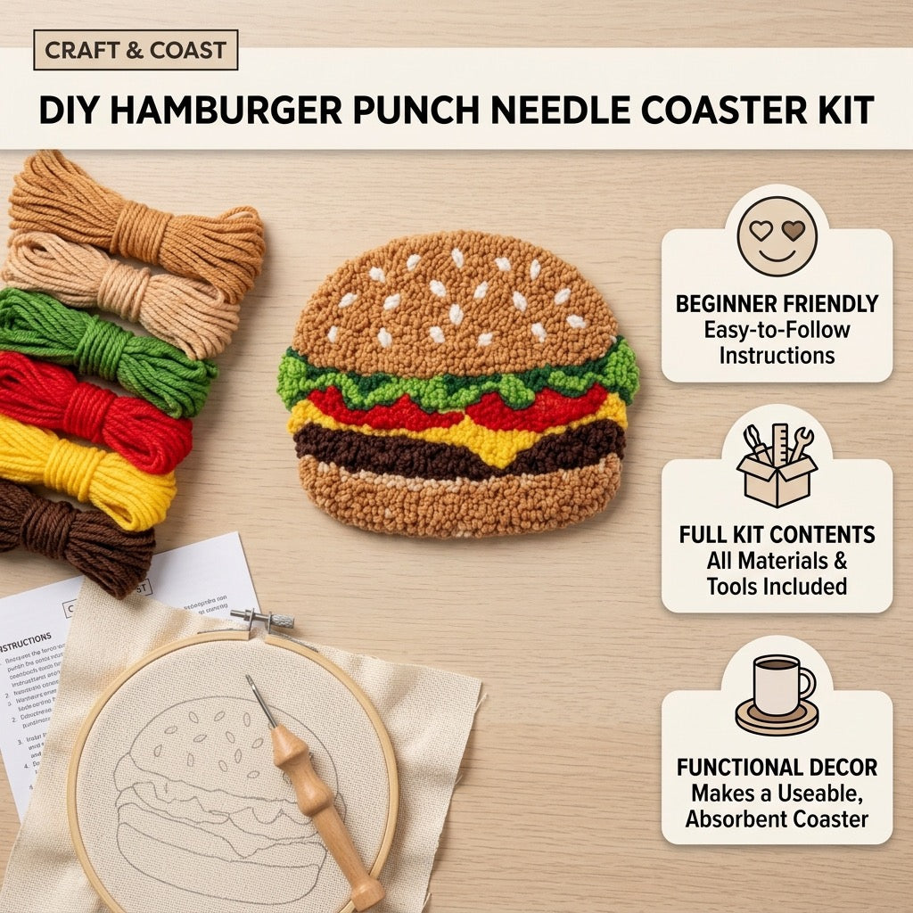 Kit de sous-verre hamburger en punch needle à faire soi-même | Ensemble d'artisanat de broderie punch needle pour débutants | Tout inclus, aucun outil supplémentaire nécessaire