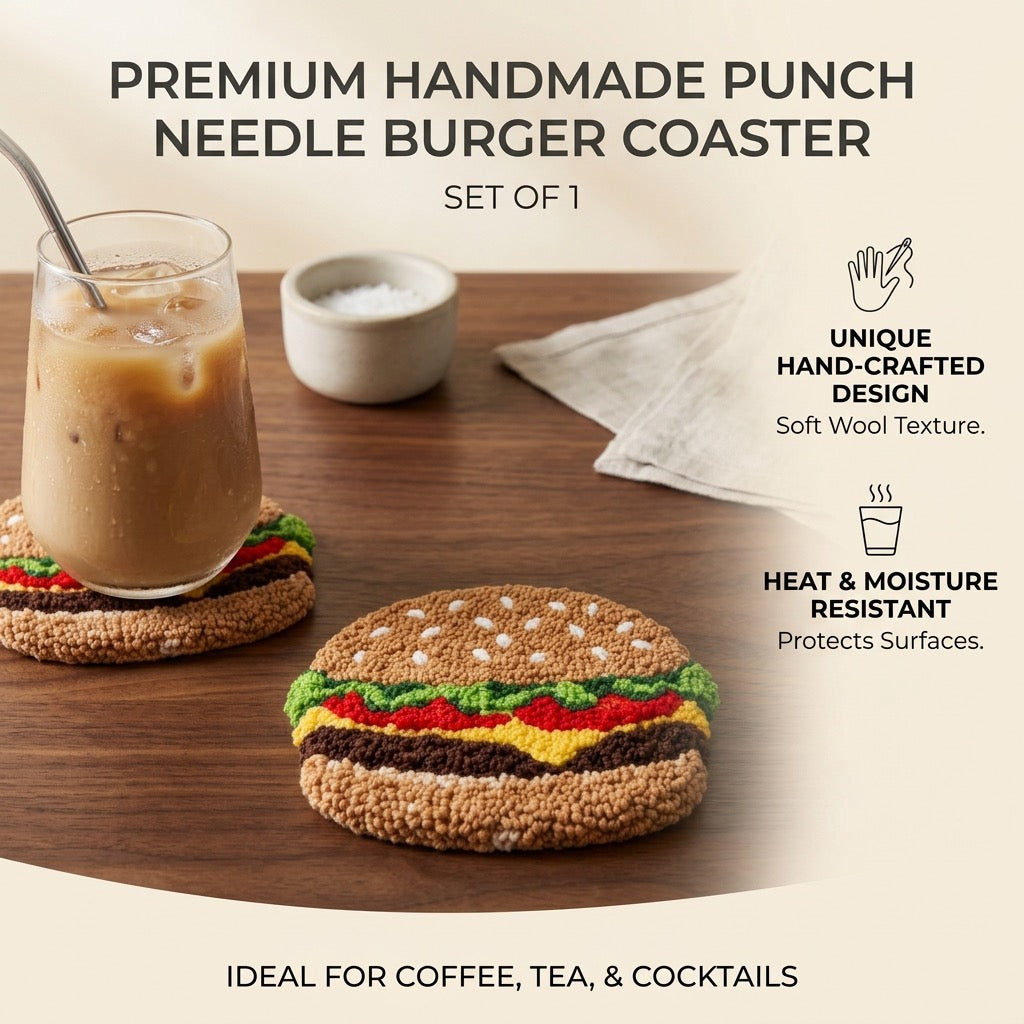 Kit de sous-verre hamburger en punch needle à faire soi-même | Ensemble d'artisanat de broderie punch needle pour débutants | Tout inclus, aucun outil supplémentaire nécessaire