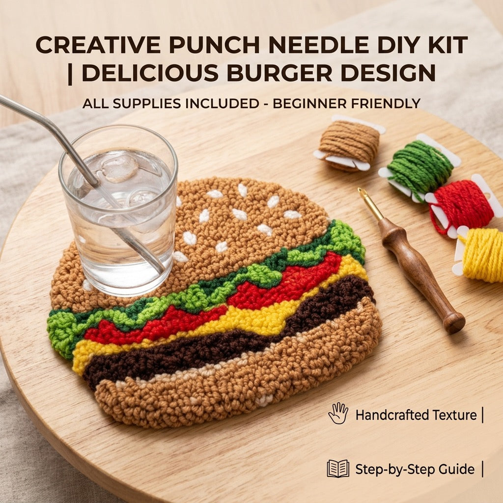 Kit de sous-verre hamburger en punch needle à faire soi-même | Ensemble d'artisanat de broderie punch needle pour débutants | Tout inclus, aucun outil supplémentaire nécessaire