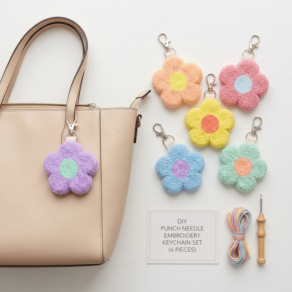 DIY Punch-Needle-Blumenanhänger-Set | Punch-Needle-Taschenanhänger / Schlüsselanhänger-Set für Anfänger | Für 6 Anhänger | Komplettset