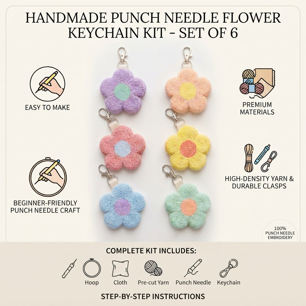 DIY Punch-Needle-Blumenanhänger-Set | Punch-Needle-Taschenanhänger / Schlüsselanhänger-Set für Anfänger | Für 6 Anhänger | Komplettset