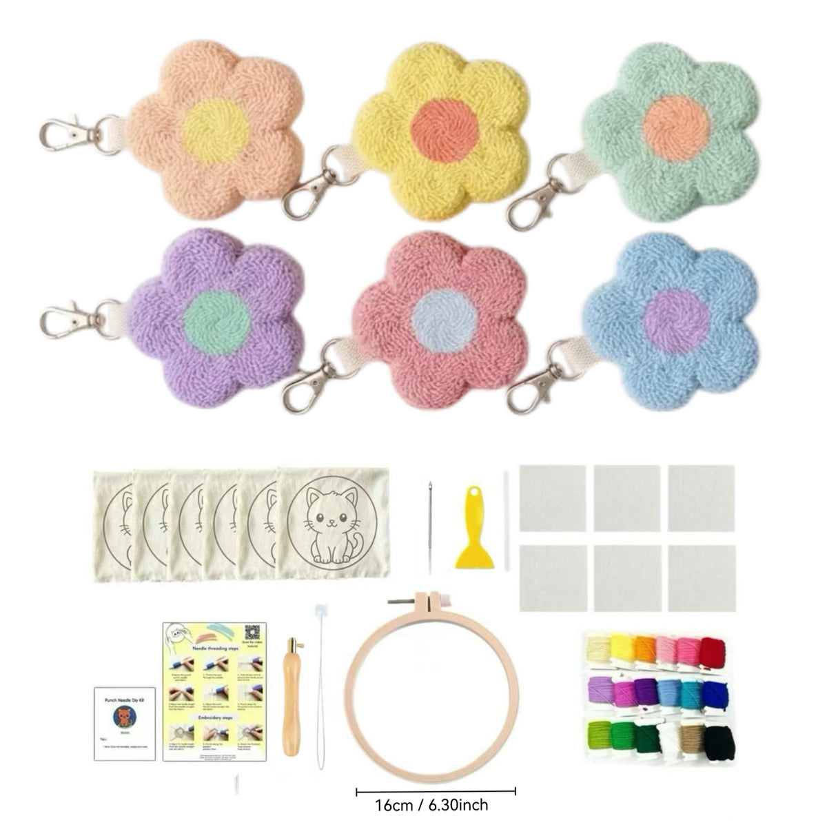 DIY Punch-Needle-Blumenanhänger-Set | Punch-Needle-Taschenanhänger / Schlüsselanhänger-Set für Anfänger | Für 6 Anhänger | Komplettset