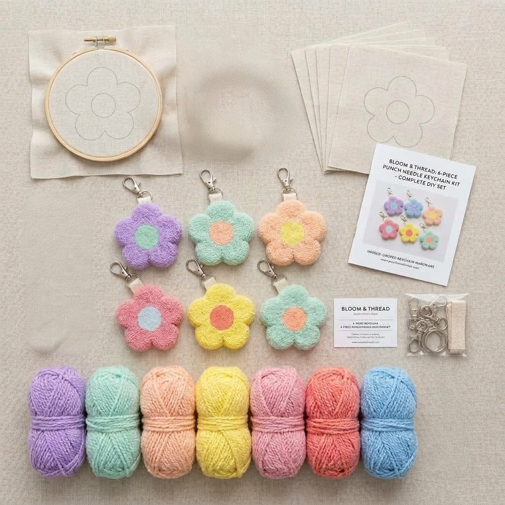 DIY Punch-Needle-Blumenanhänger-Set | Punch-Needle-Taschenanhänger / Schlüsselanhänger-Set für Anfänger | Für 6 Anhänger | Komplettset