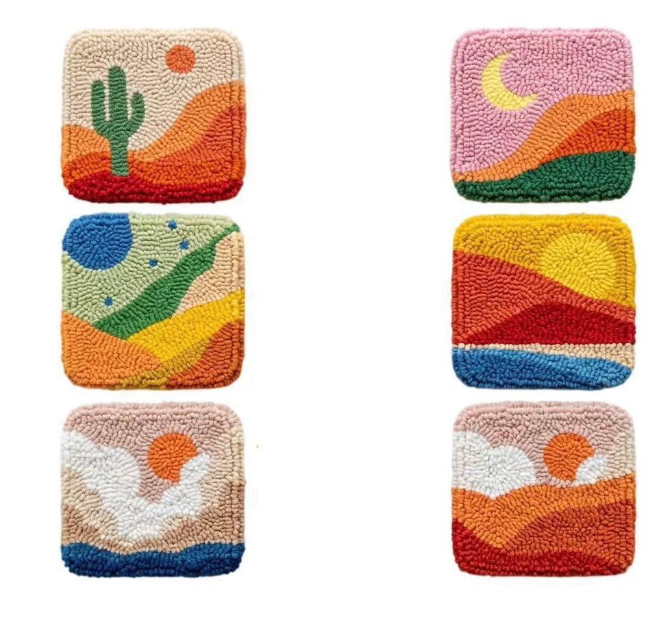 DIY-Punch-Needle-Set mit ländlichem Landschaftsmotiv | Punch-Needle-Untersetzer-Set für Anfänger | 6 fertige Stücke | Komplettes Zubehör-Set enthalten