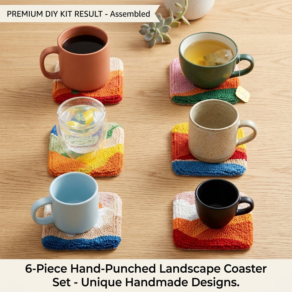 DIY-Punch-Needle-Set mit ländlichem Landschaftsmotiv | Punch-Needle-Untersetzer-Set für Anfänger | 6 fertige Stücke | Komplettes Zubehör-Set enthalten